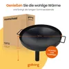 A black fire pit is shown with dimensions and marketing text. Produktbild-Vorschau