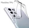A clear TPU phone case is shown being placed onto a smartphone. Produktbild-Vorschau