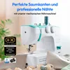 A sewing machine is shown with promotional text and awards. Produktbild-Vorschau