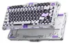 A white mechanical keyboard with purple accents and RGB lighting, shown from a diagonal angle, with its underside also visible. Náhled obrázku produktu