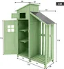 A diagram of a green wooden garden shed with dimensions indicated by lines and numbers. Náhled obrázku produktu