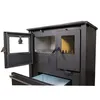 A close-up, studio shot of a black wood-burning stove with its doors open, revealing the interior. The stove is presented against a plain white background. Produktbild-Vorschau