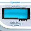 A close-up of an ink cartridge with blue ink, with German text describing its features. Produktbild-Vorschau
