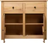 A front view of a wooden sideboard with two drawers and two open cabinet doors revealing shelves. Produktbild-Vorschau