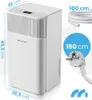 A white dehumidifier with dimensions and accessories shown in a marketing image. Voir les images du produit