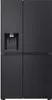 A front view of a black LG side-by-side refrigerator with a water dispenser. Produktbild-Vorschau