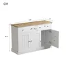 A white sideboard with a wooden top is shown with dimensions indicated by numbers and lines. Voir les images du produit