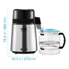 A water distiller and its carafe are shown against a white background, with dimensions indicated. Produktbild-Vorschau