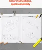 An open instruction manual for a desk bookshelf, with assembly steps and parts list shown. Various screws and wooden dowels are scattered around the manual. Voir les images du produit