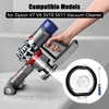 A hand holding a Dyson vacuum cleaner with a close-up inset of a dustbin lid and a screwdriver. Produktbild-Vorschau