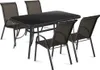 A black glass-topped dining table with four brown mesh chairs, presented on a white background. Anteprima dell’immagine prodotto