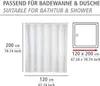 Diagrams and text indicating the dimensions and suitability of a shower curtain for bathtubs and showers. Náhľad obrázku produktu