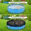 A split image showing a round swimming pool before and after being covered with a black mesh pool cover. Produktbild-Vorschau
