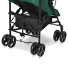Close-up view of the wheels and underside of a green stroller. Produktbild-Vorschau