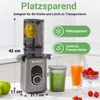 A slow juicer is shown with dimensions and feature callouts, alongside a glass of juice and some fruit. Produktbild-Vorschau