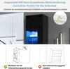 A collage of images showing a black vitrine with blue LED lighting, installation instructions, and a diagram illustrating correct and incorrect installation of a safety device. Anteprima dell’immagine prodotto