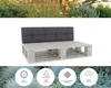 A pallet sofa cushion and backrest set is shown against a white background, with a blurred garden scene above and below. Náhled obrázku produktu