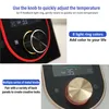 Close-up shots of a digital thermostat's control panel and knob, with text highlighting features. Produktbild-Vorschau