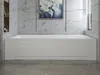 A modern white bathtub with a white panel in a bathroom with marble walls. Produktbild-Vorschau