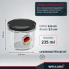 A clear product shot of a glass jar with a black lid, featuring dimensions and volume information, along with marketing text about environmental friendliness. Produktbild-Vorschau