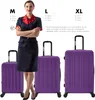 A woman in a uniform stands next to three purple suitcases of different sizes. Produktbild-Vorschau