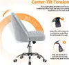A grey office chair is shown with diagrams and text explaining its features. Podgląd zdjęcia produktu