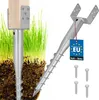 A U-shaped steel ground anchor is shown partially inserted into the soil with grass growing around it. Another anchor is shown separately with a tag. Produktbild-Vorschau