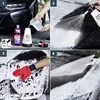 A collage of four images showing the steps of washing a car with a foam cannon and car shampoo. Produktbild-Vorschau