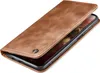 A brown leather flip case for a smartphone is shown from a diagonal angle, with the front cover partially open. Produktbild-Vorschau