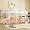 A bedroom scene featuring a white metal loft bed with a desk and two chairs underneath, decorated with a painting of a dog and a "Sweet Home" wall decal. Náhľad obrázku produktu