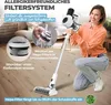 A woman is demonstrating a cordless vacuum cleaner, with close-ups of the filter system and its features. Produktbild-Vorschau