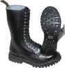A pair of black leather boots with steel toes and a thick sole, shown from a slightly angled front view. One boot is upright, and the other is shown sole-up, revealing the studded tread.