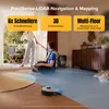 A couple is in a living room with a robot vacuum cleaner on the floor. There are informational overlays about the product's features. Produktbild-Vorschau