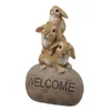 Gartenfigur Welcome - 3 Häschen auf Stein - Dekofigur - H: 26cm - Polyresin - braun Produktbild-Vorschau