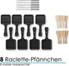 A collection of raclette pans and wooden spatulas arranged on a white background. Produktbild-Vorschau