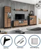A collage showcasing a living room furniture set, including a tall cabinet, a TV stand, and a smaller cabinet, with close-up images of included hardware. Náhled obrázku produktu