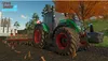 A tractor plowing a field with a farm building in the background. Náhled obrázku produktu