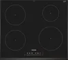 A top-down view of a black induction cooktop with four heating elements and a control panel. Produktbild-Vorschau