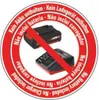 A circular warning label indicating that the battery and charger are not included with the product. Produktbild-Vorschau