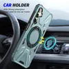 A phone case with a magnetic ring stand is shown attached to a car vent mount, with a car interior in the background. Produktbild-Vorschau