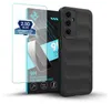 A black phone case and a screen protector are displayed against a white background. Produktbild-Vorschau
