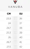 A size chart for Vanuba shoes, showing CM and EU sizes. Produktbild-Vorschau