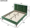 A green upholstered bed frame with a slatted base, shown with dimensions indicated by measurement lines and numbers. Produktbild-Vorschau