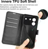 A hand holding an open black flip phone case, revealing the inner TPU soft shell and the phone's camera module. Text describes the features of the inner shell. Produktbild-Vorschau