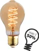 A close-up studio shot of an amber-colored LED light bulb with a spiral filament, placed on a white background. To the right, a graphic overlay in the shape of a light bulb contains text indicating a discount. Produktbild-Vorschau