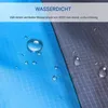 Close-up of a waterproof fabric with water droplets on it, divided into blue and gray sections. Produktbild-Vorschau