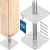 A wooden post is shown attached to a metal adjustable post base, with additional screws and a product tag visible. Podgląd zdjęcia produktu