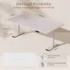 A white adjustable height desk with dimensions and features highlighted. Anteprima dell’immagine prodotto