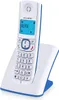 A white and blue Alcatel cordless phone is shown on its charging base. Anteprima dell’immagine prodotto