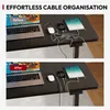 A split image showing a desk with electronics and cables before and after cable management. Voir les images du produit